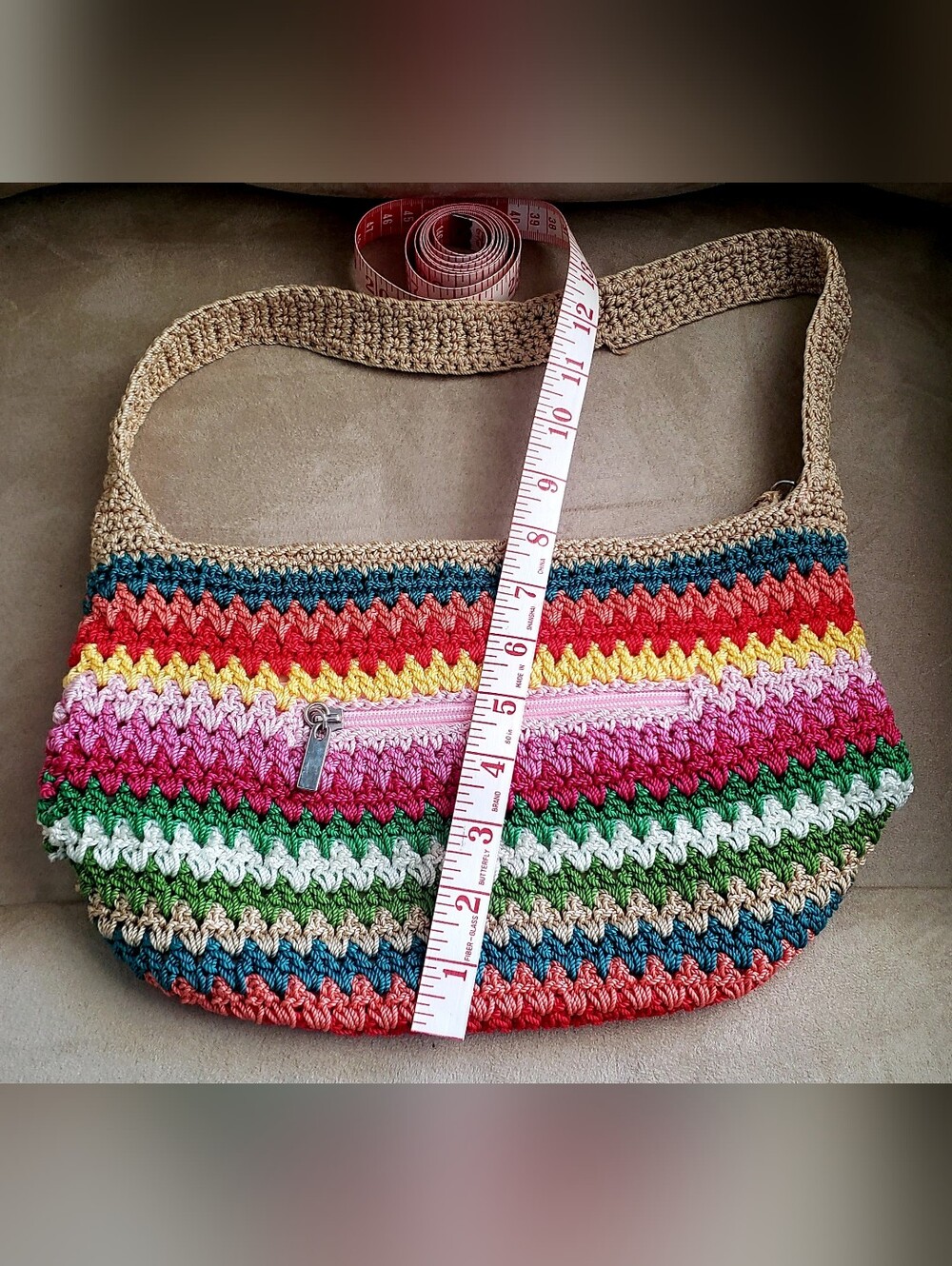 Vintage The Sak Rainbow Striped Crochet Shoulder Bag Boho Chevron - Picture 8 of 8